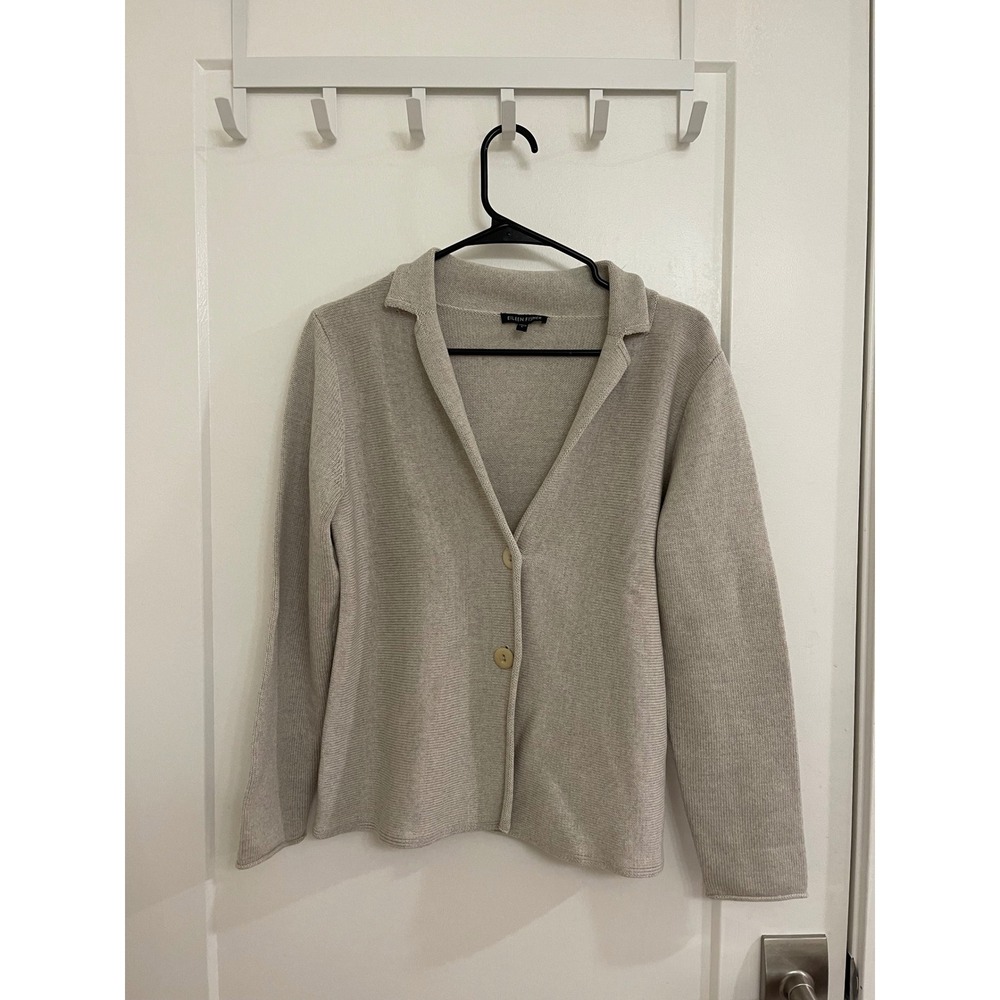 Eileen Fisher 100% Merino Wool Beige Gray Cardigan Preppy Old Money Luxury